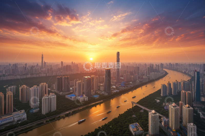 高清大图下载【趣麦麦图】城市日出全景与河流景观