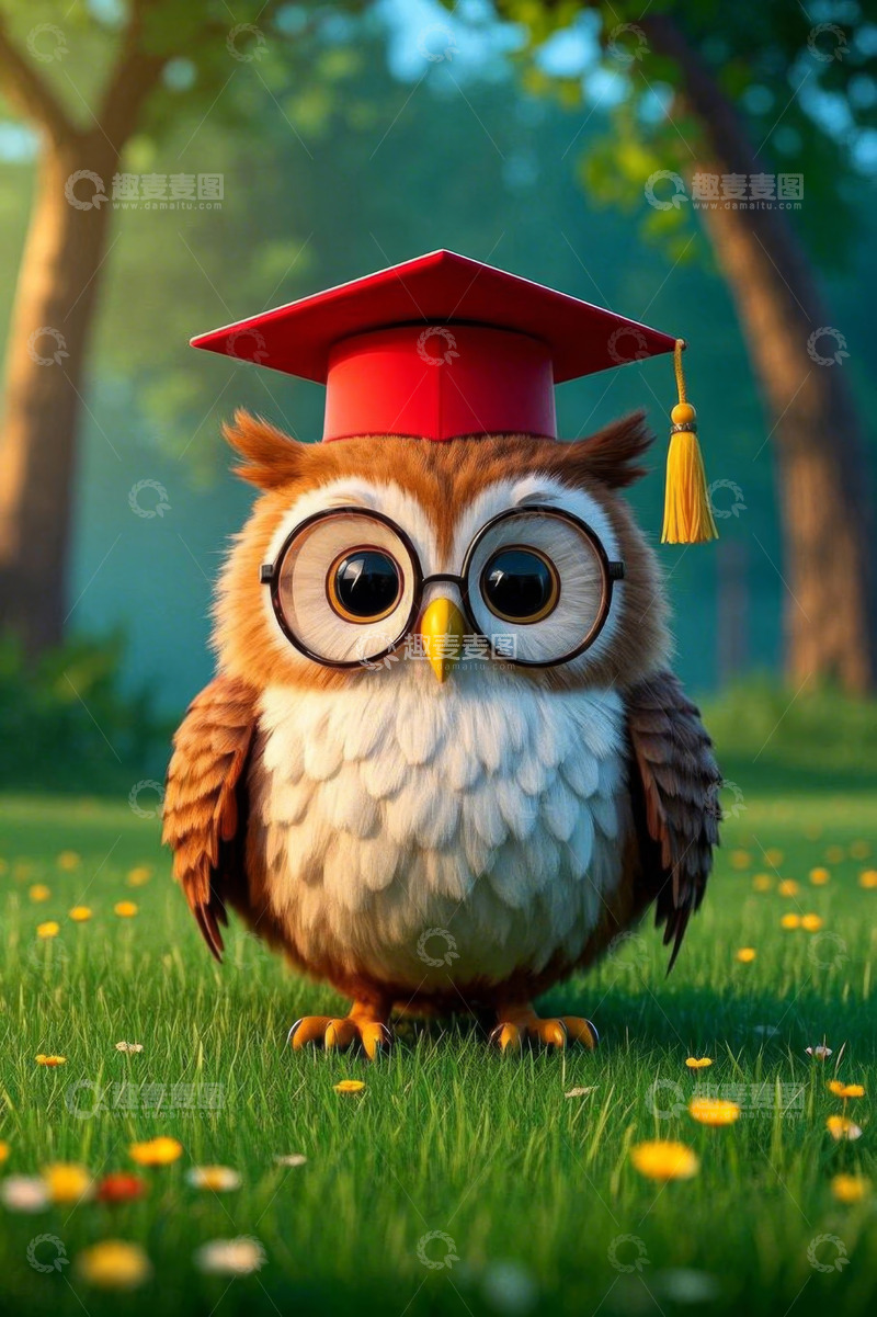 高清大图下载【趣麦麦图】戴学士帽眼镜的卡通猫头鹰