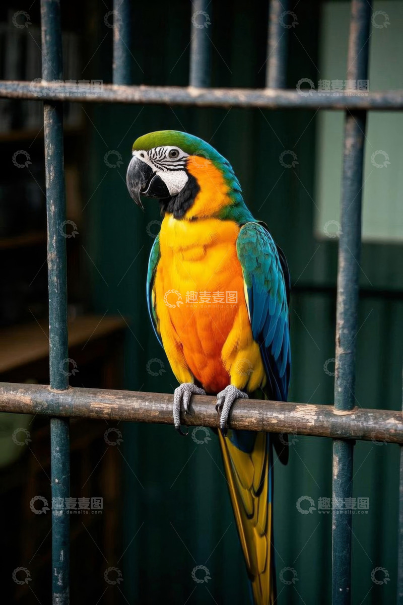 高清大图下载【趣麦麦图】彩色鹦鹉站在栏杆上