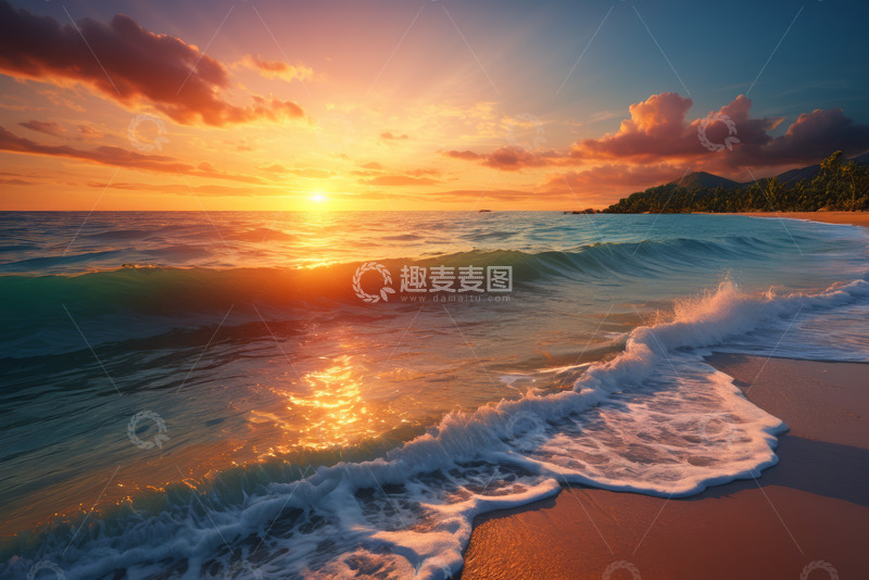 高清大图下载【趣麦麦图】海滩日落海浪风景