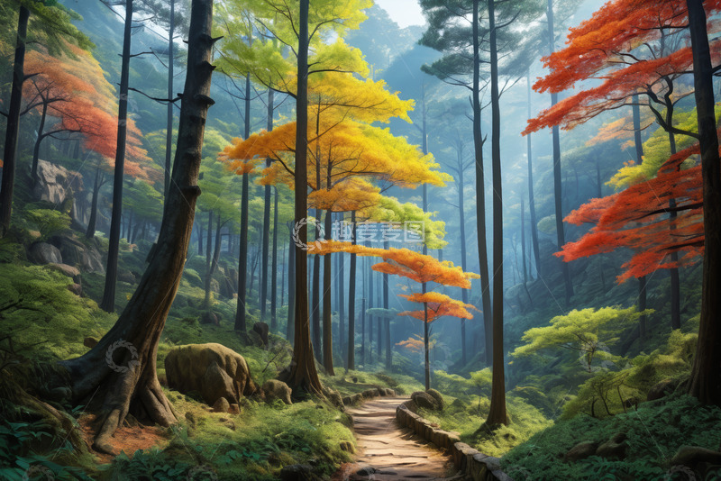 高清大图下载【趣麦麦图】多彩森林中的石板小径