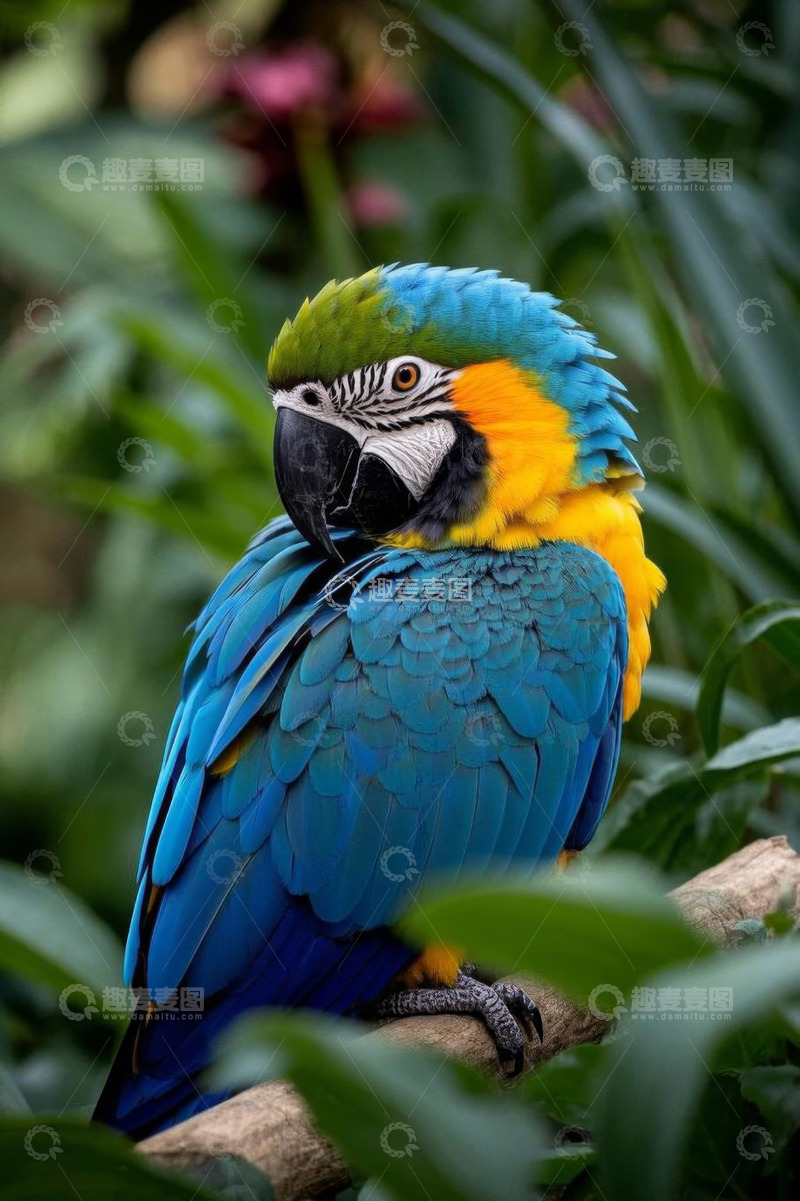 高清大图下载【趣麦麦图】枝头栖息的多彩金刚鹦鹉