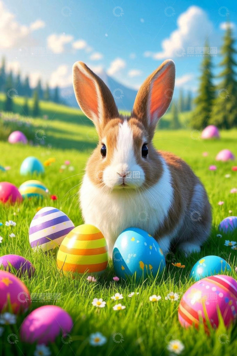 高清大图下载【趣麦麦图】草地上复活节兔子与彩蛋