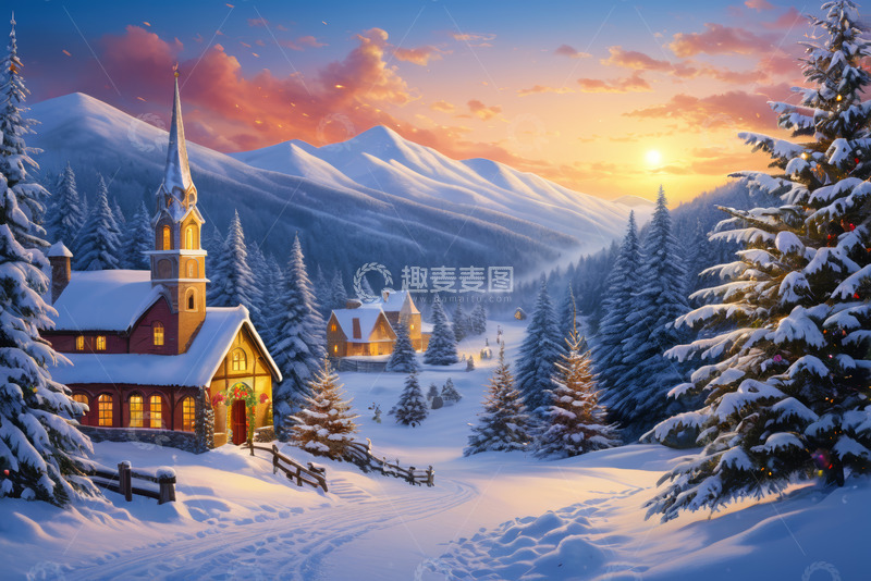 高清大图下载【趣麦麦图】冬日雪乡小镇夕阳雪景