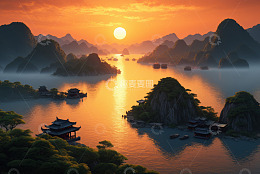 山水间夕阳下的中式建筑景观