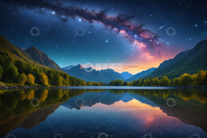 高清大图下载【趣麦麦图】山间湖泊星空夜景