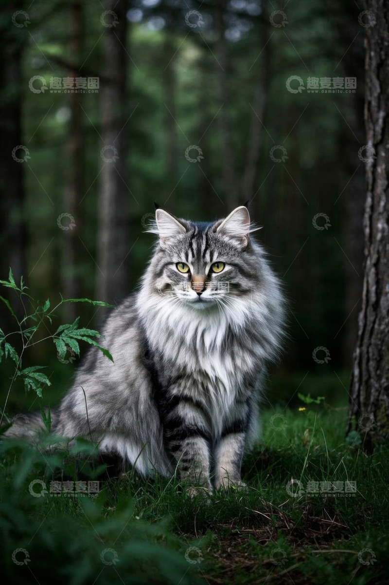 高清大图下载【趣麦麦图】森林中坐着的长毛猫