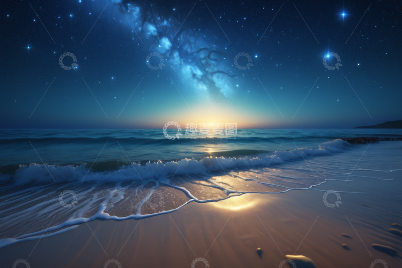 高清大图下载【趣麦麦图】海滩星空下的海面日出景象