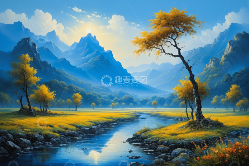 高清大图下载【趣麦麦图】山间河畔金黄树木自然风光