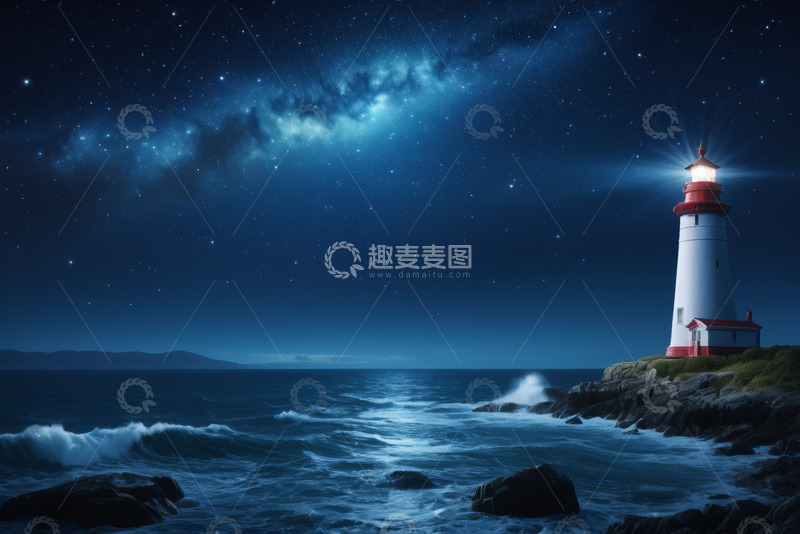 高清大图下载【趣麦麦图】夜空下海边发光的灯塔