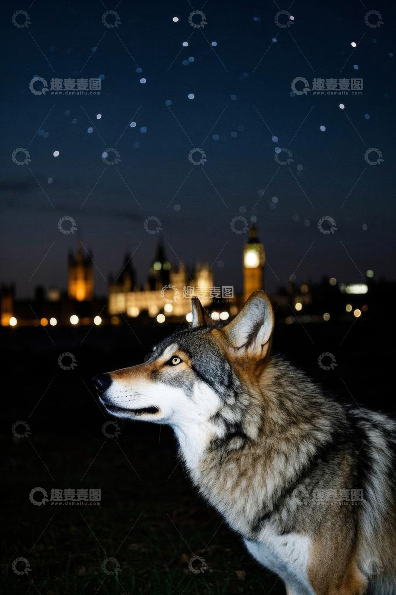 高清大图下载【趣麦麦图】夜晚星空下的狼与城市建筑