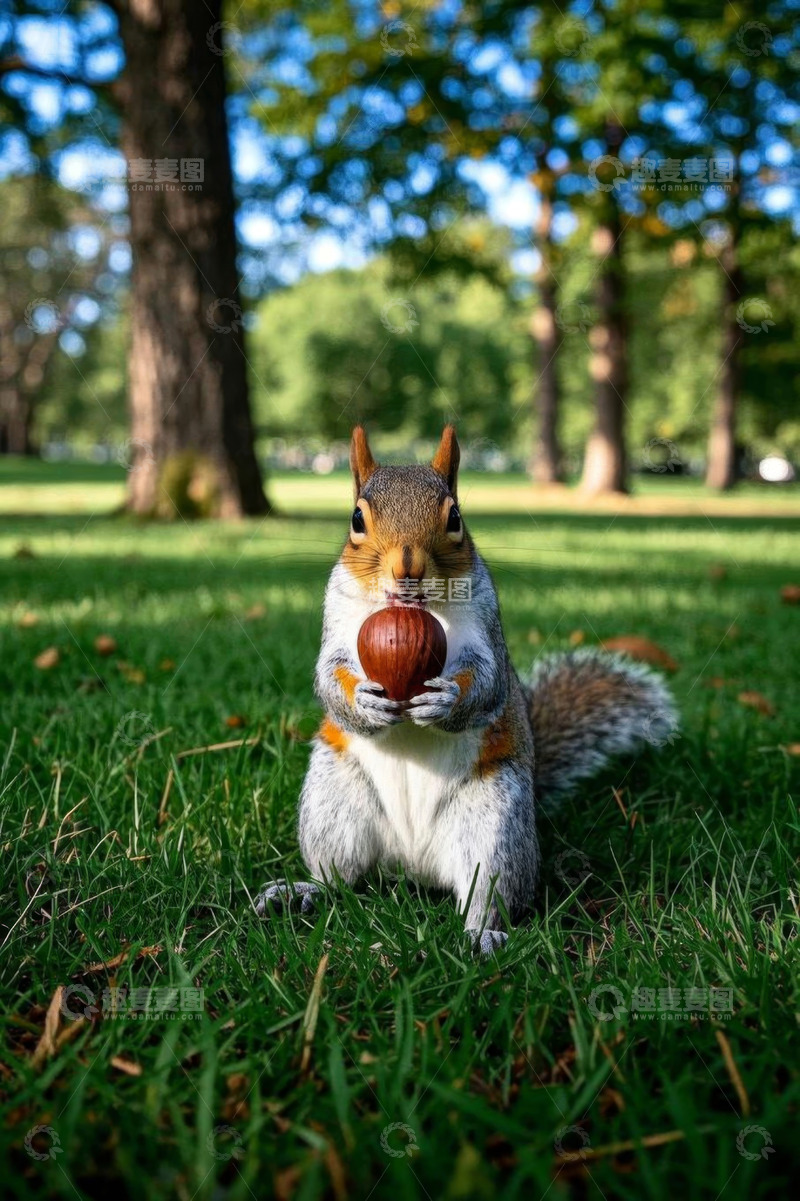 高清大图下载【趣麦麦图】草地上手持坚果的松鼠