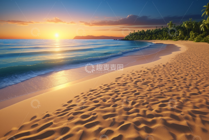 高清大图下载【趣麦麦图】夕阳下的海滩与海洋景观