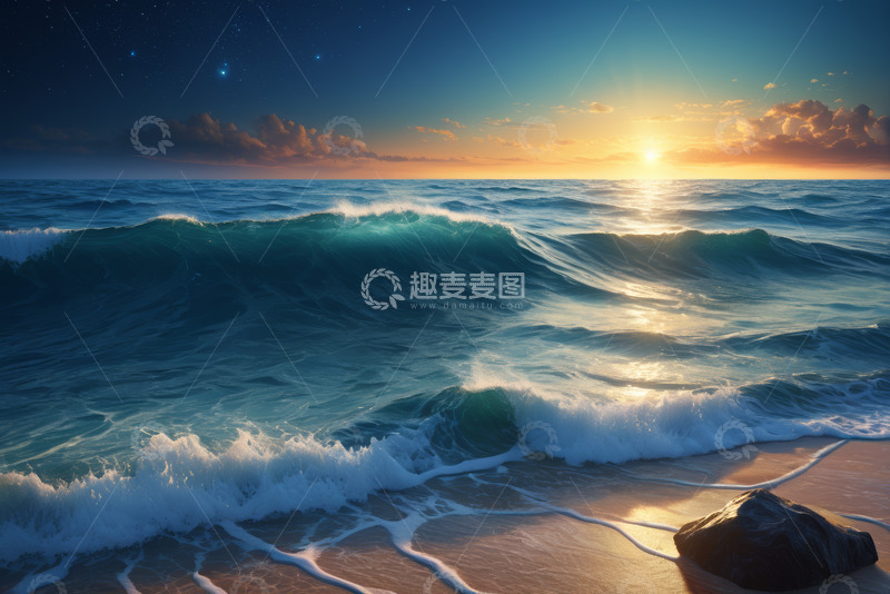 高清大图下载【趣麦麦图】海边日出海浪拍打沙滩景象