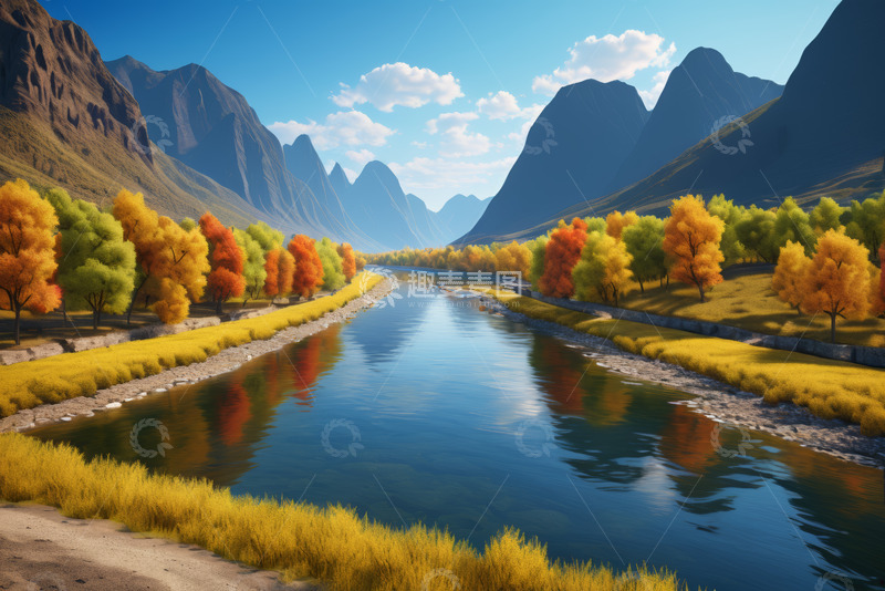 高清大图下载【趣麦麦图】秋季山谷河流自然风光