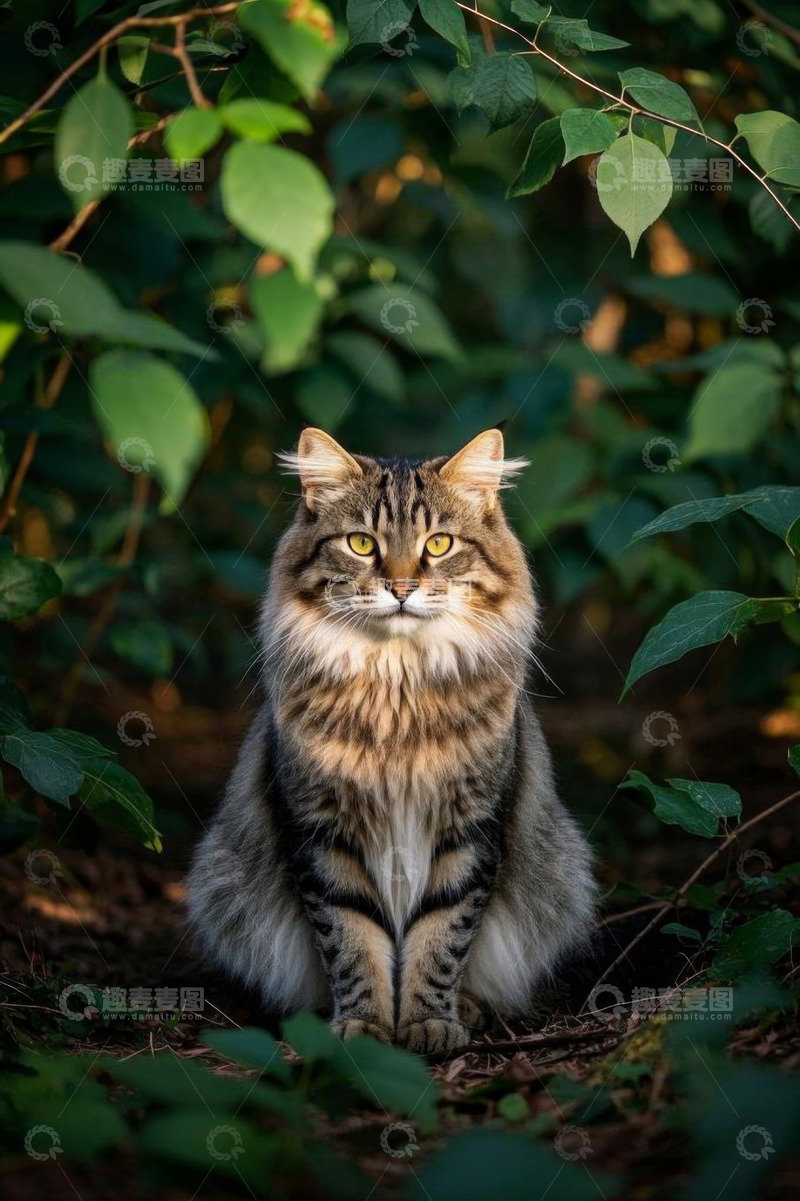 高清大图下载【趣麦麦图】森林中坐着的长毛斑纹猫