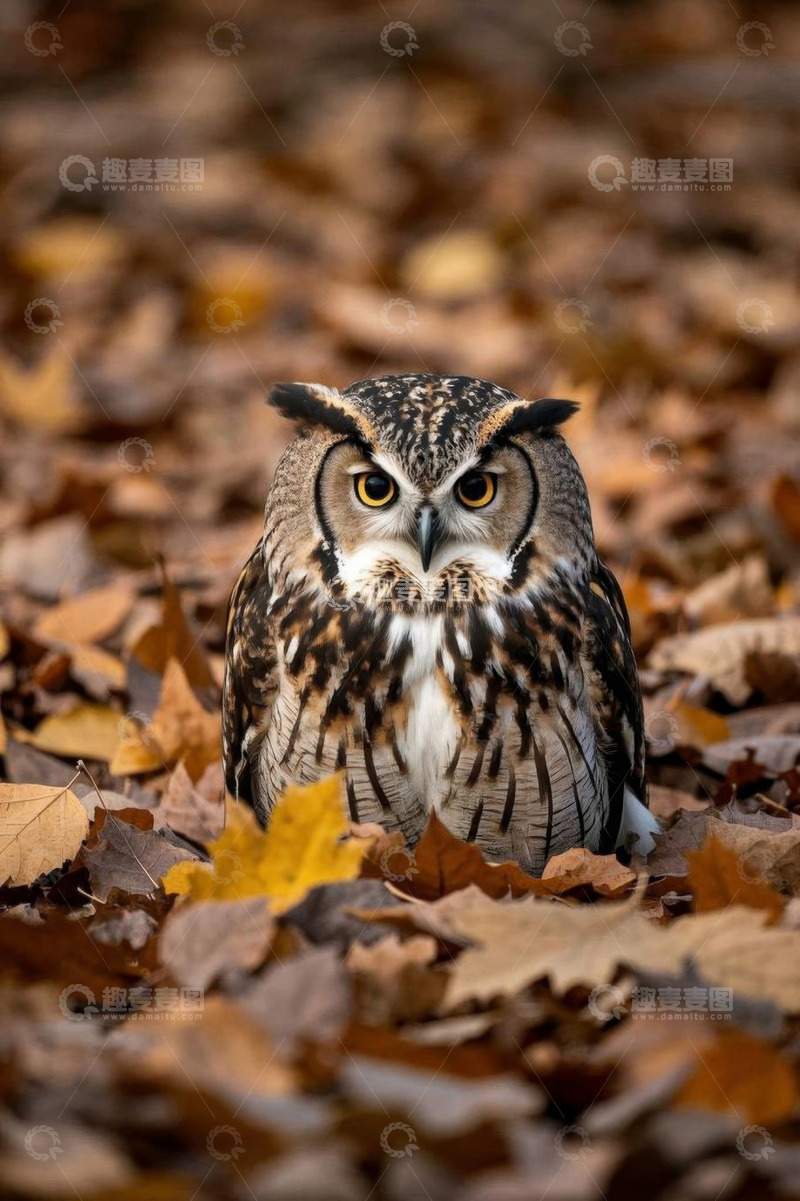 高清大图下载【趣麦麦图】落叶中的猫头鹰特写