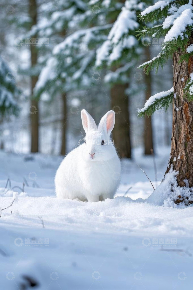 高清大图下载【趣麦麦图】雪地森林中的白色兔子