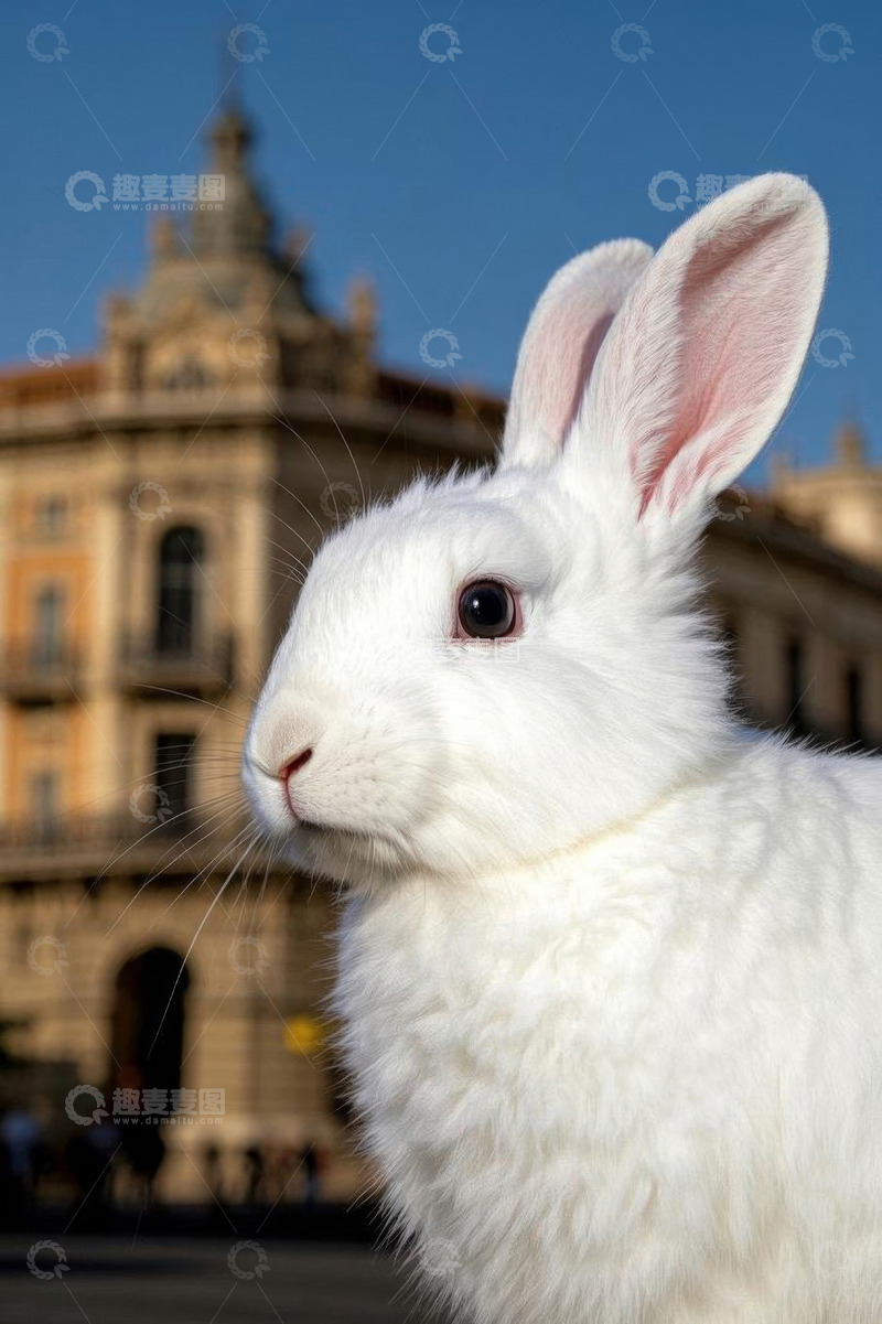 高清大图下载【趣麦麦图】城市背景下的白色兔子特写