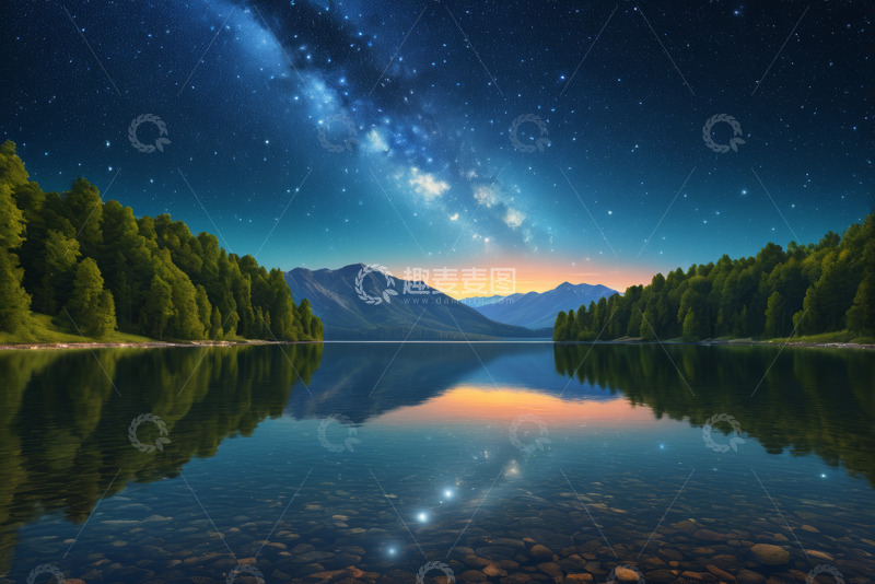 高清大图下载【趣麦麦图】星空下静谧的湖泊山林景象