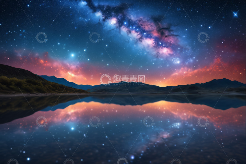 高清大图下载【趣麦麦图】星空下的山水湖面倒影景观