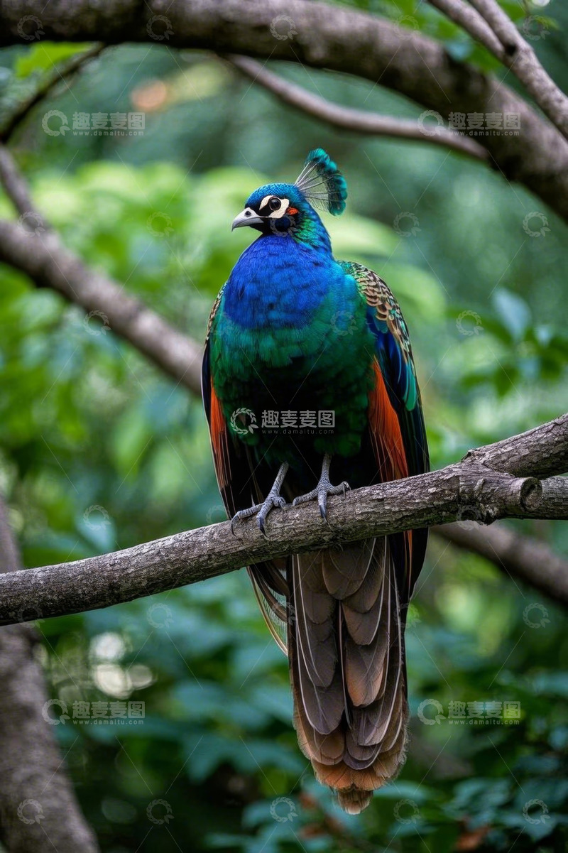 高清大图下载【趣麦麦图】枝头站立的美丽孔雀