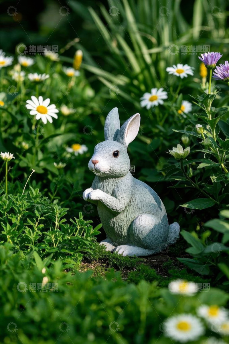 高清大图下载【趣麦麦图】草地上的兔子雕塑与花卉