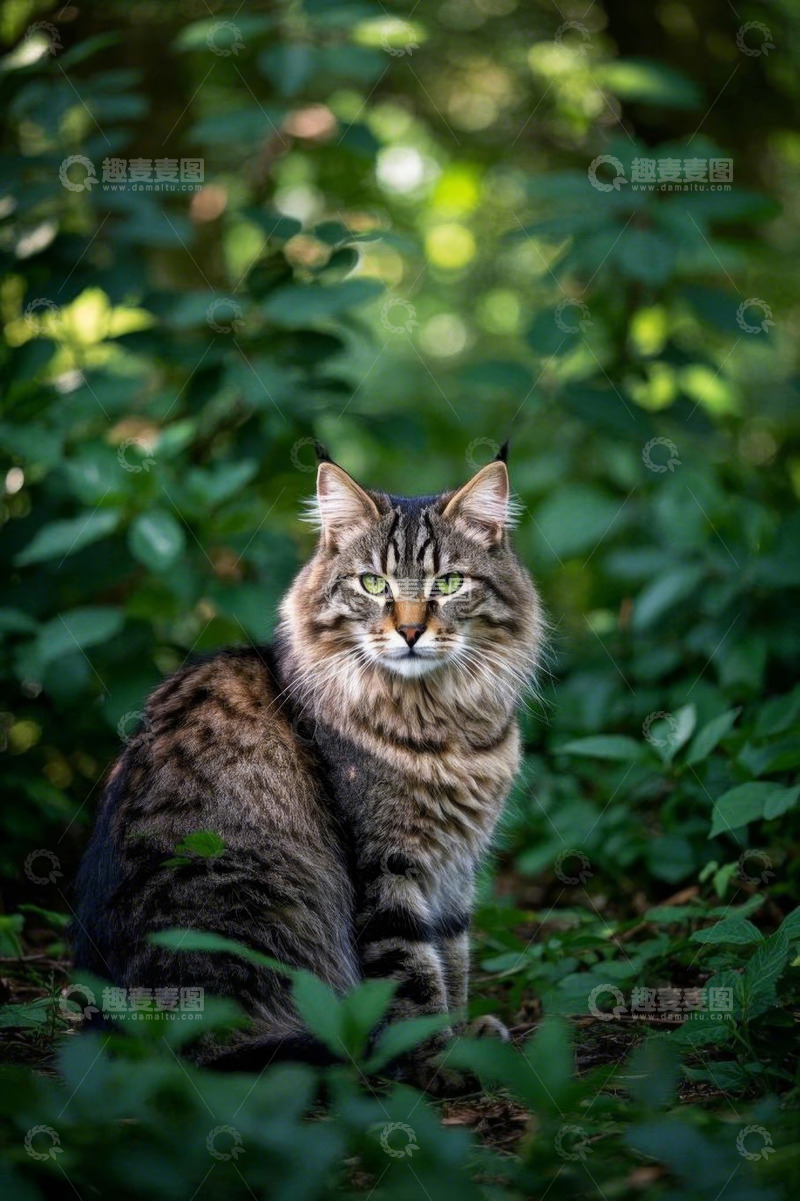 高清大图下载【趣麦麦图】森林中坐立的长毛猫