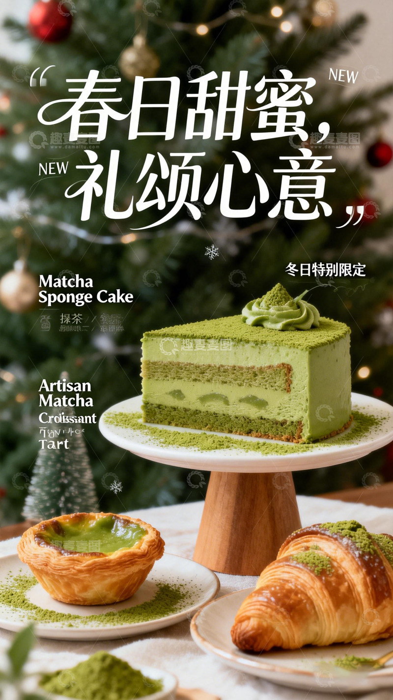 高清大图下载【趣麦麦图】春日甜蜜抹茶糕点海报设计