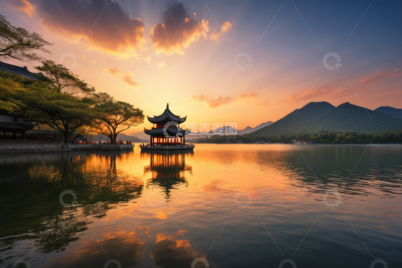 高清大图下载【趣麦麦图】杭州西湖湖畔黄昏亭台美景