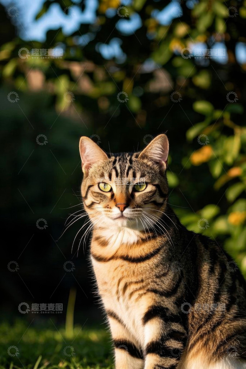 高清大图下载【趣麦麦图】户外草地中的虎斑猫肖像