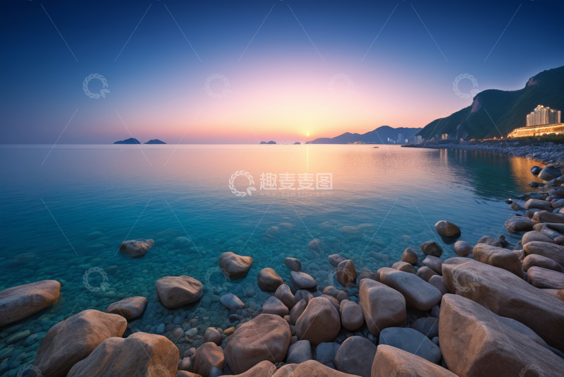 高清大图下载【趣麦麦图】海边日落时分岩石海岸景象