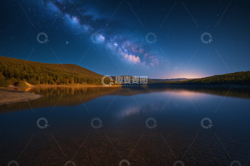 高清大图下载【趣麦麦图】夜空下静谧湖泊与银河景观