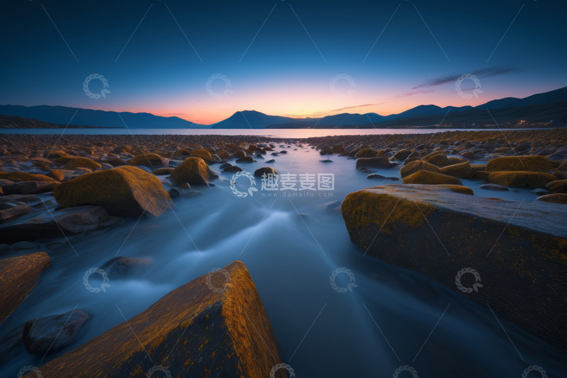 高清大图下载【趣麦麦图】黄昏山水间岩石与流水景观