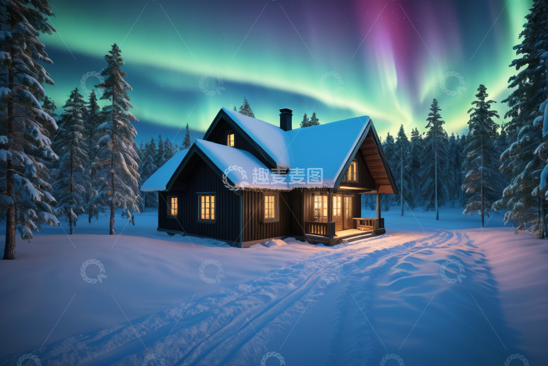 高清大图下载【趣麦麦图】雪夜林间小屋与极光美景