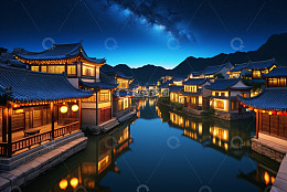 古风水乡夜景全景