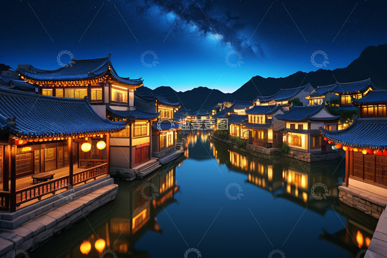 古风水乡夜景全景