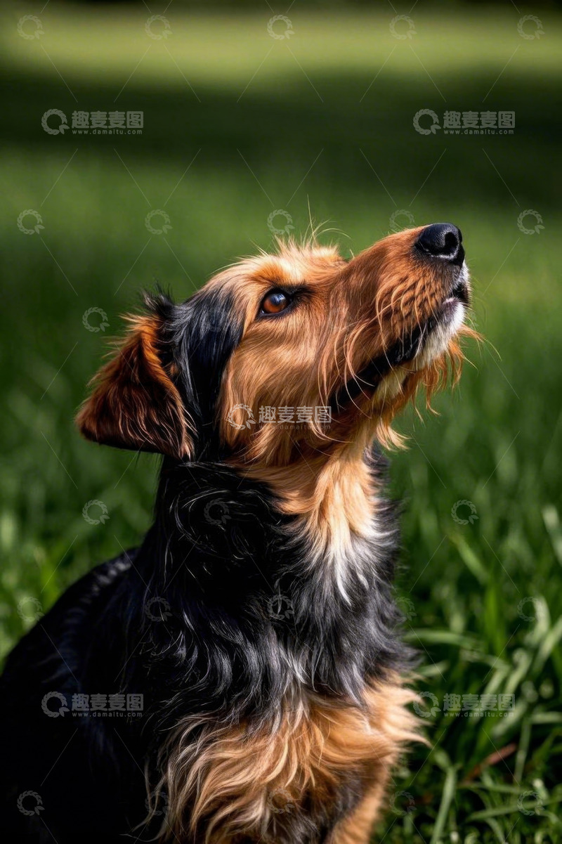高清大图下载【趣麦麦图】草地上仰头的宠物狗