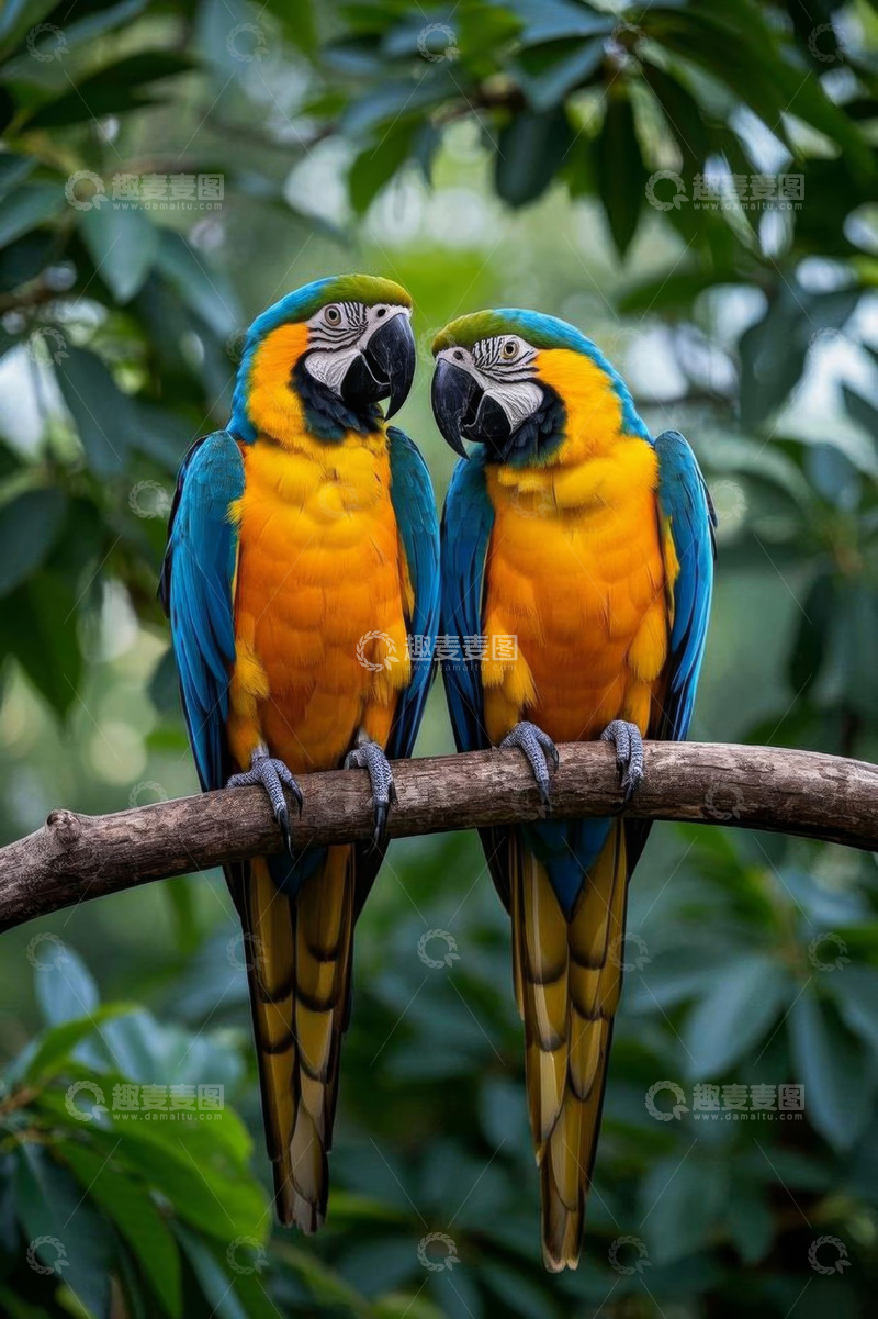 高清大图下载【趣麦麦图】树枝上的两只金刚鹦鹉