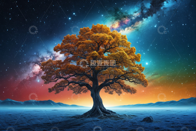 高清大图下载【趣麦麦图】星空下的孤树自然景观