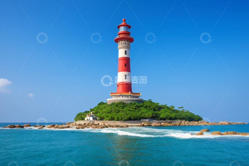 高清大图下载【趣麦麦图】海中小岛灯塔全景