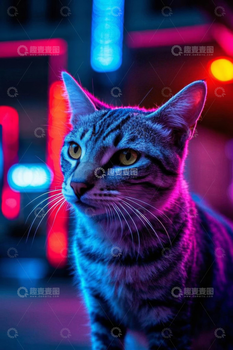 高清大图下载【趣麦麦图】霓虹灯下的斑纹猫特写