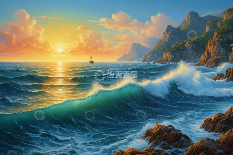 高清大图下载【趣麦麦图】海边日落时分的山水海浪景色