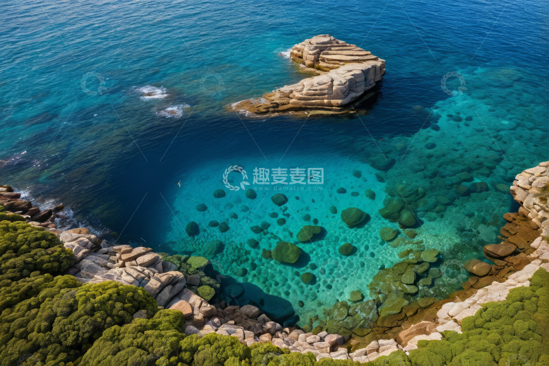 高清大图下载【趣麦麦图】俯瞰海岸边清澈海水与礁石