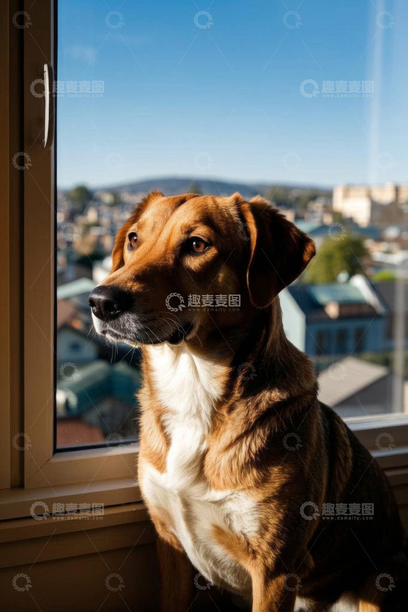 高清大图下载【趣麦麦图】窗边坐着眺望的宠物狗