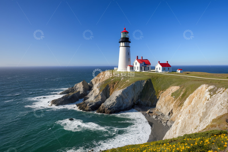 高清大图下载【趣麦麦图】海岸悬崖上的灯塔与房屋