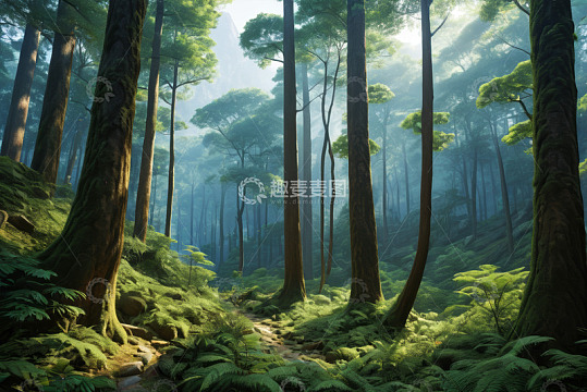 阳光照耀下的茂密森林景观