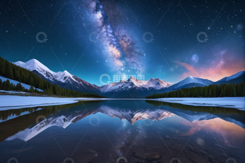 高清大图下载【趣麦麦图】雪山星空下的宁静湖景
