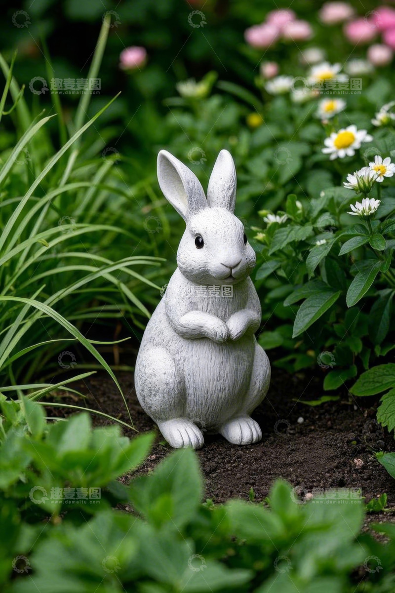 高清大图下载【趣麦麦图】花园中的白色兔子雕塑