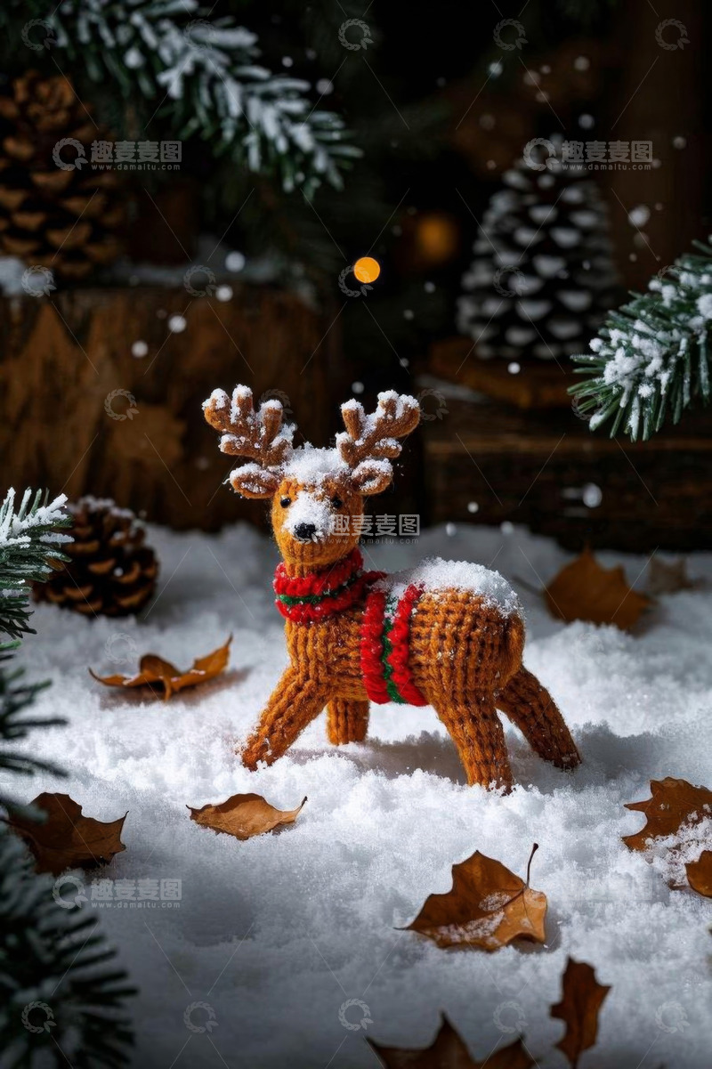高清大图下载【趣麦麦图】雪地中的针织驯鹿圣诞装饰